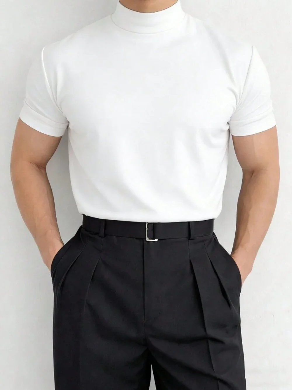 White Casual Men's Stand Collar Short Sleeve T-Shirt